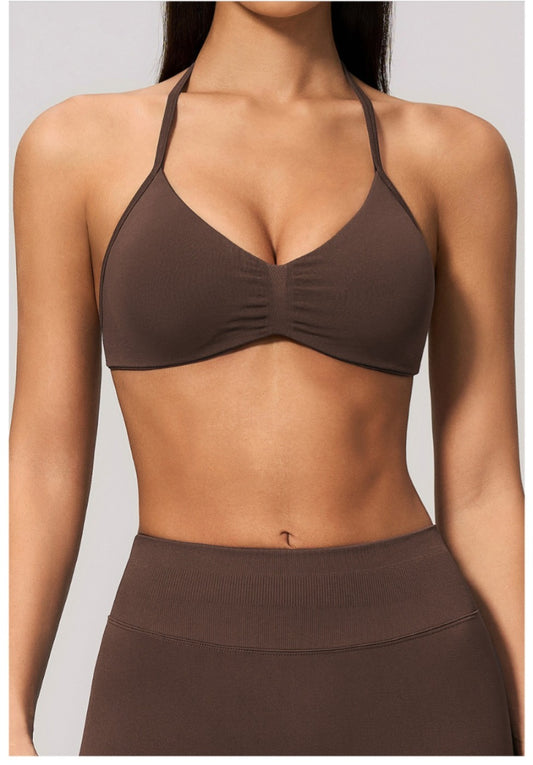 CHOCOLATE BROWN OPEN-BACK HALTER TOP