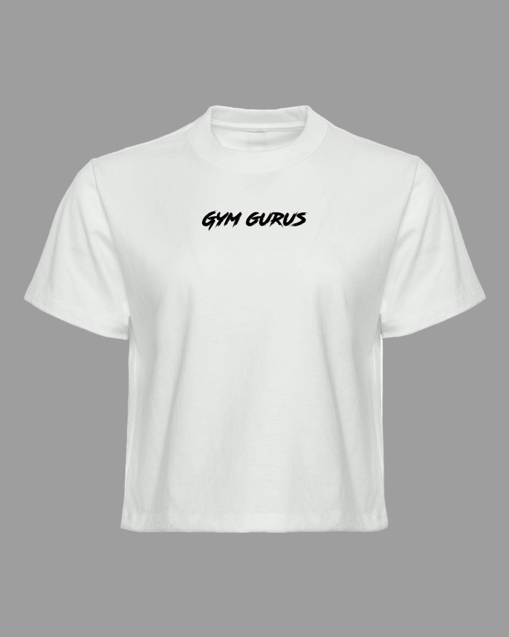 White t-shirt with 'GYM GURUS' text on a white background
