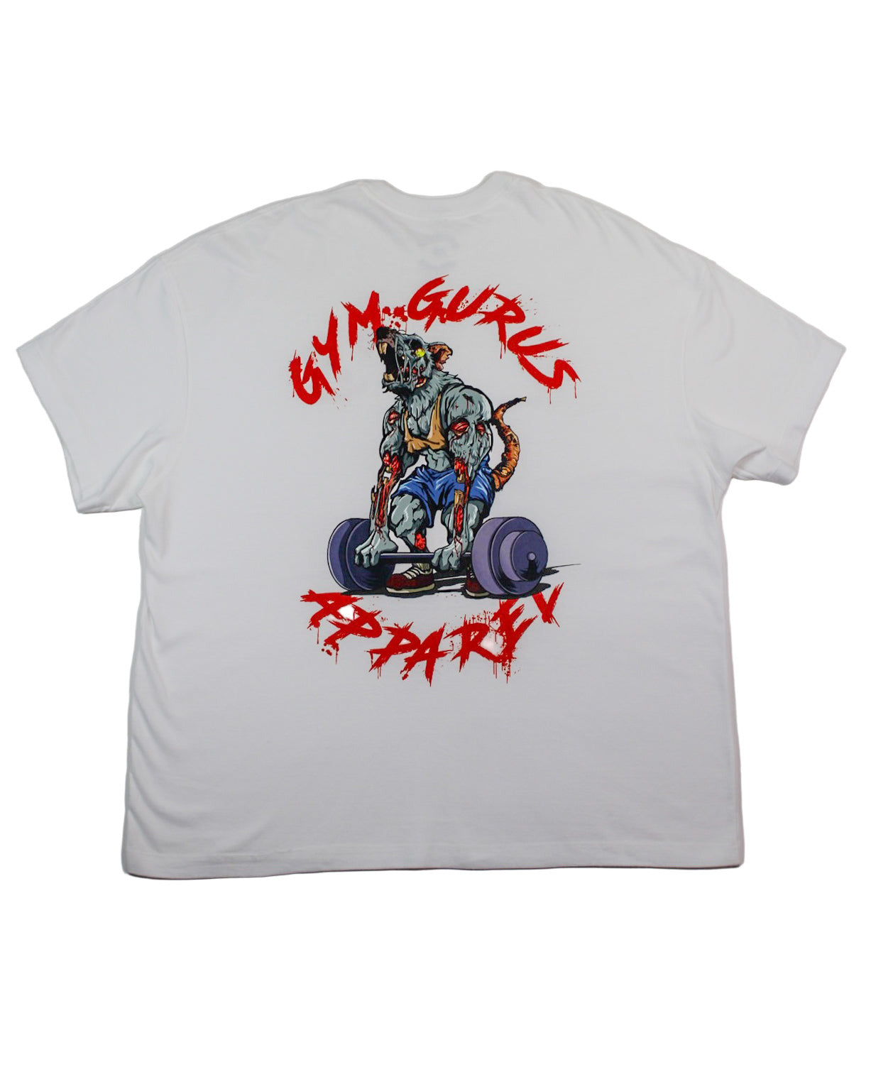 White t-shirt with graphic design and text on a white background