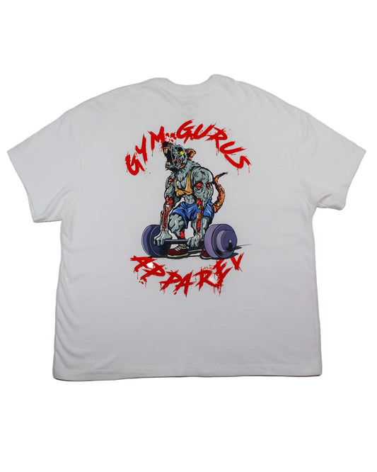 White t-shirt with graphic design and text on a white background