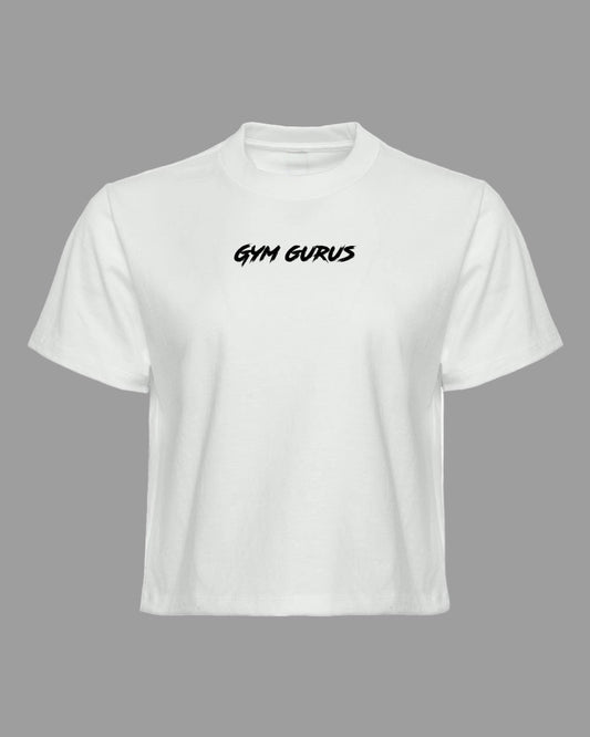 White t-shirt with 'GYM GURUS' text on a white background
