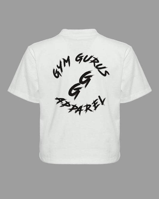White t-shirt with 'Gym Gurus Apparel' text on a white background